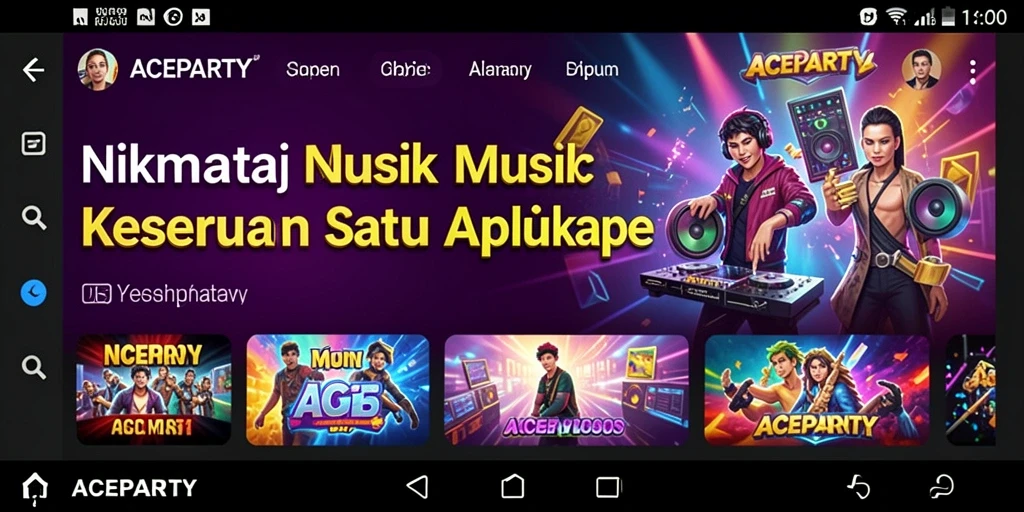 Tangkapan layar menampilkan gameplay seru di ACEPARTY dan pemain menikmati bermain musik.