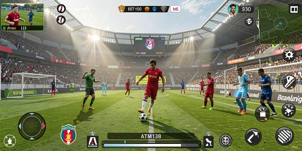 Tampilan gameplay seru dari ATM138 yang menunjukkan aksi sepak bola.