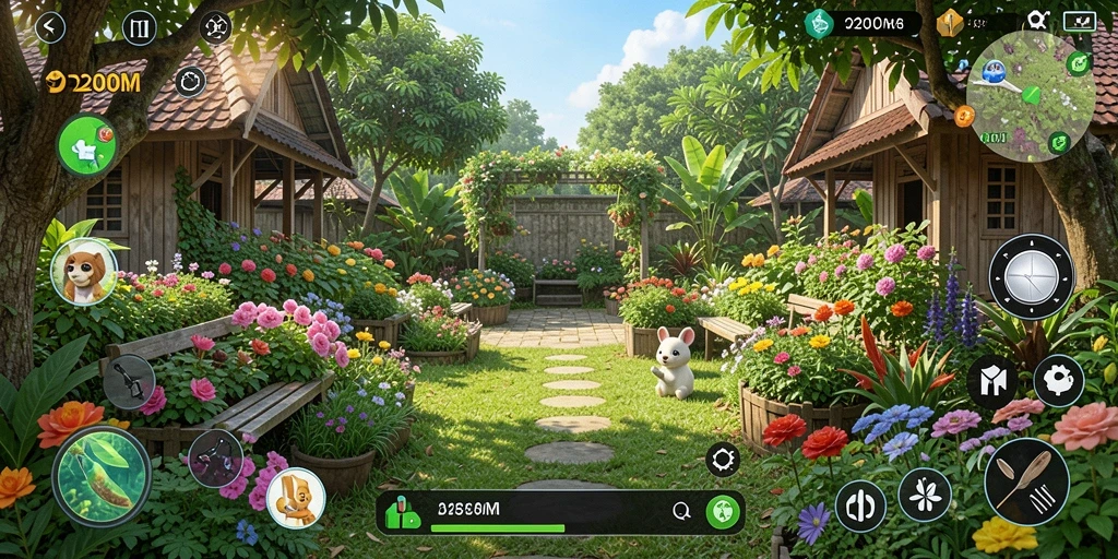 Screenshot gameplay D200M menampilkan aktivitas berkebun yang seru