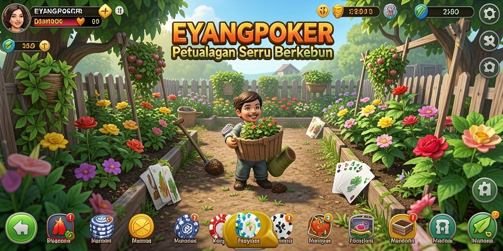 Tampilan menarik dari kebun dalam EYANGPOKER yang menampilkan tanaman dan hewan.
