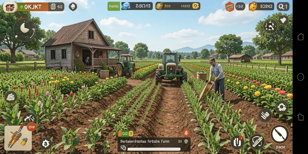 Screenshot dari permainan menunjukkan petani yang berinteraksi dengan tanaman.