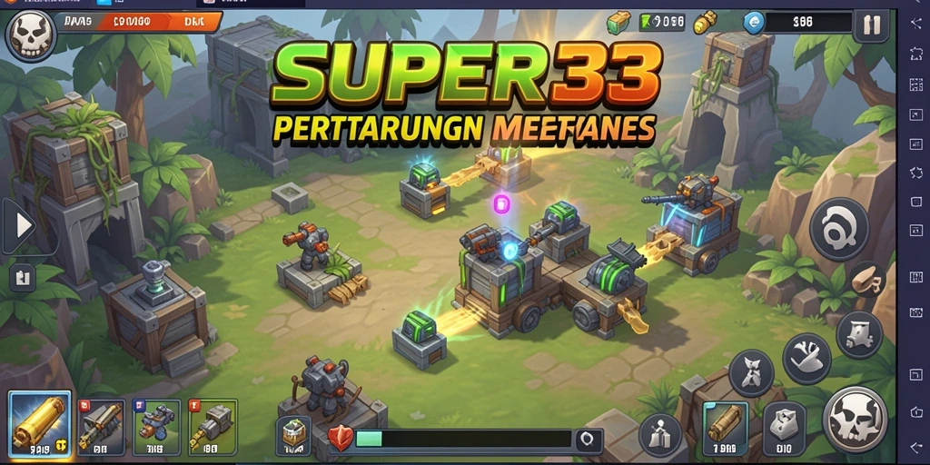 Screenshot menunjukkan tindakan seru dalam game Tower Defense SUPER33.